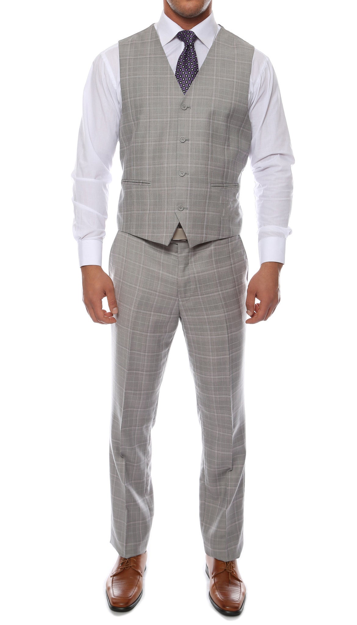 Lazio Light Grey 3pc Vested Slim Fit Plaid Suit - FHYINC best men's suits, tuxedos, formal men's wear wholesale