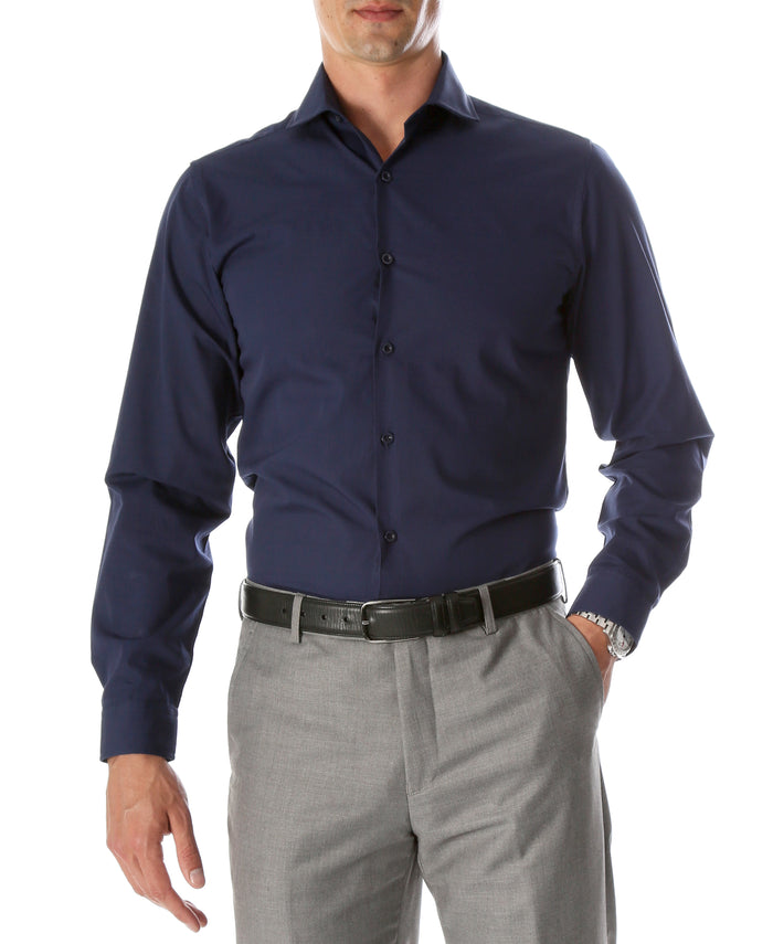 Leo Mens Navy Slim Fit Cotton Dress Shirt - FHYINC best men's suits, tuxedos, formal men's wear wholesale