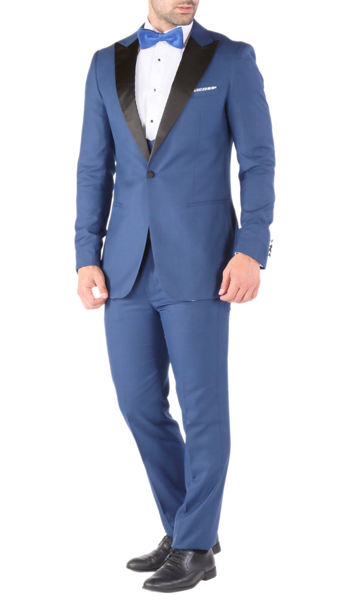 Luna 3pc Slim Fit Indigo Blue Peak Lapel Tuxedo - FHYINC best men's suits, tuxedos, formal men's wear wholesale