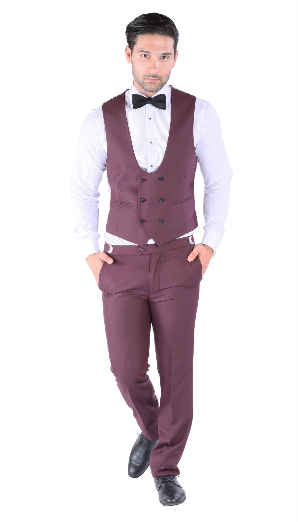 Luna 3pc Slim Fit Bugundy Peak Lapel Tuxedo - FHYINC best men's suits, tuxedos, formal men's wear wholesale