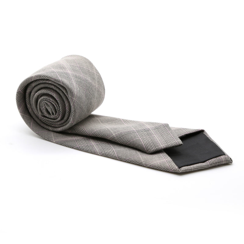 Slim Taupe & Grey With Hint Of Lavender Plaid Neckties & Handkerchief - FHYINC