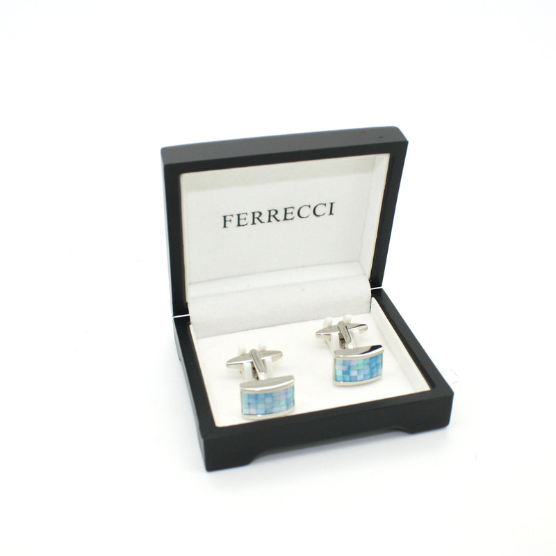 Silvertone Blue Shell Cuff Links With Jewelry Box - FHYINC