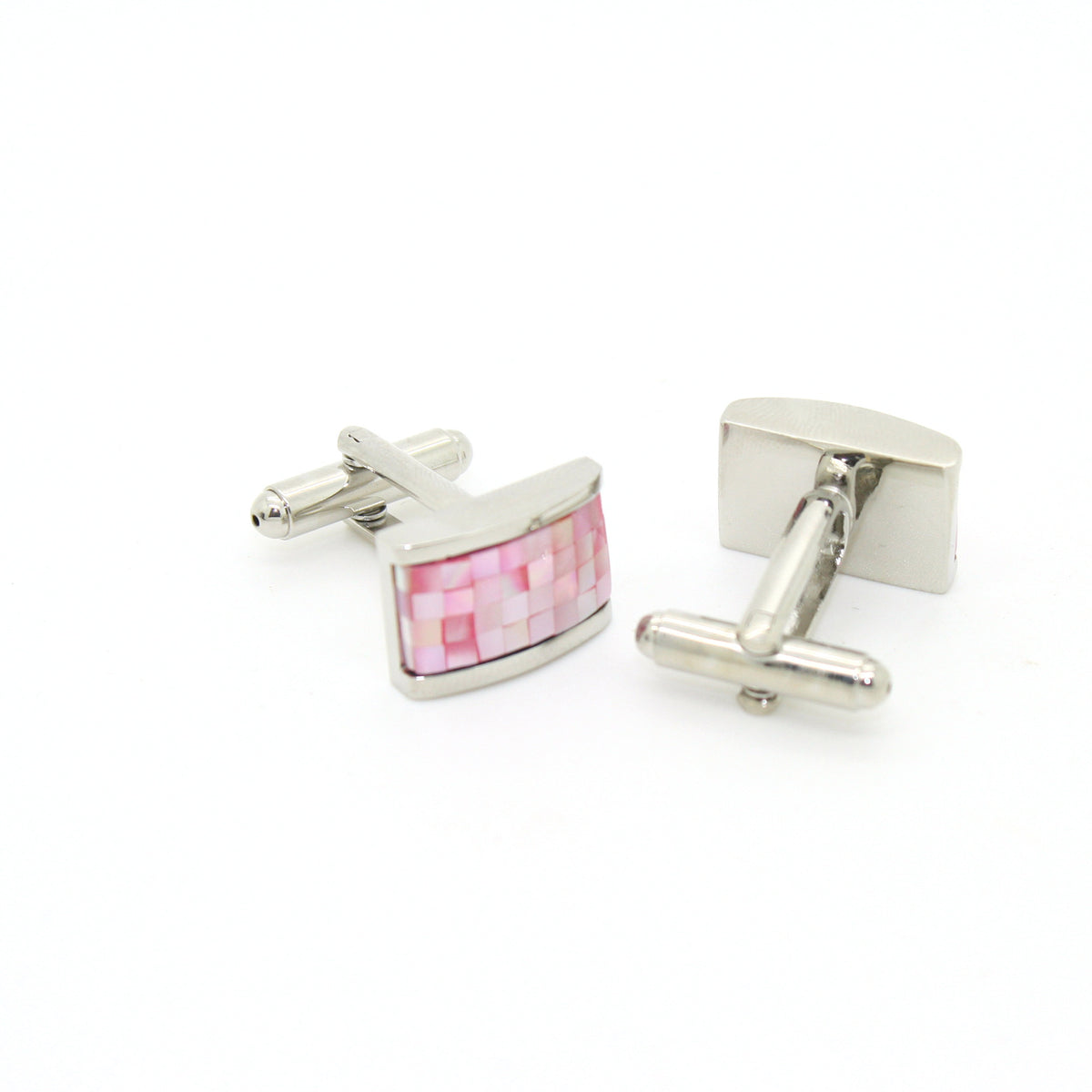 Silvertone Pink Rectangle Shell Cuff Links With Jewelry Box - FHYINC