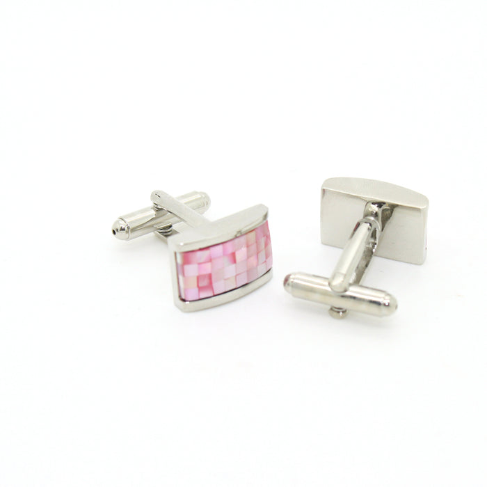 Silvertone Pink Rectangle Shell Cuff Links With Jewelry Box - FHYINC