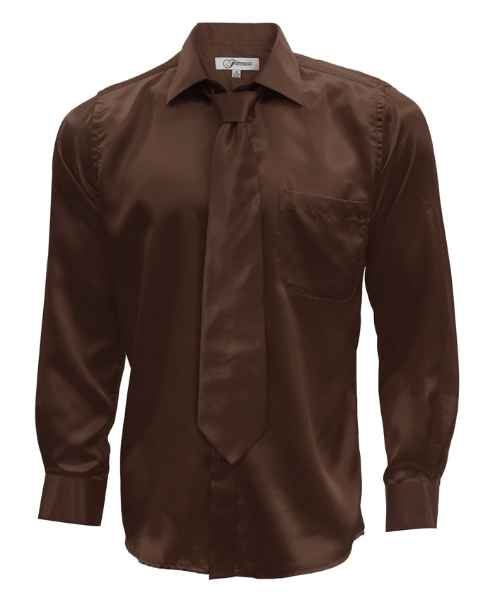 Brown Satin Regular Fit Dress Shirt, Tie & Hanky Set - FHYINC best men's suits, tuxedos, formal men's wear wholesale