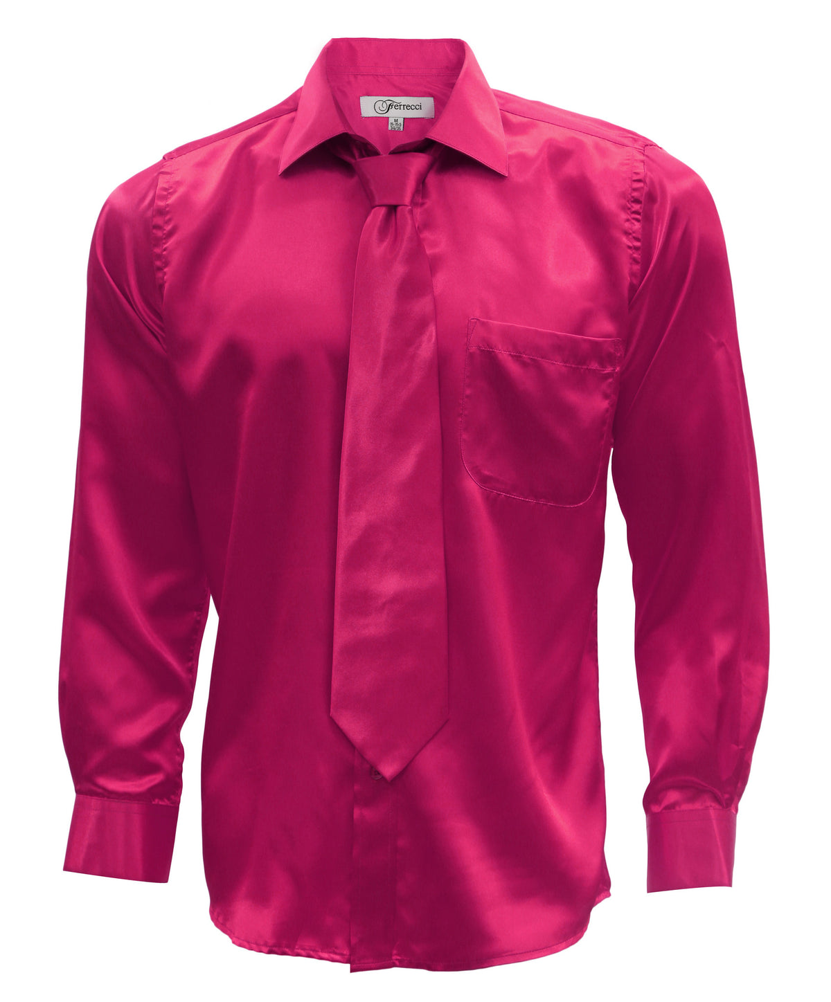 Fuchsia Satin Regular Fit French Cuff Dress Shirt, Tie & Hanky Set - FHYINC best men's suits, tuxedos, formal men's wear wholesale