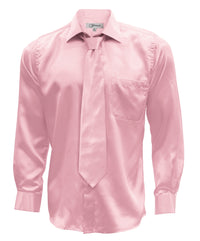 Pink Satin Regular Fit French Cuff Dress Shirt, Tie & Hanky Set - FHYINC best men's suits, tuxedos, formal men's wear wholesale