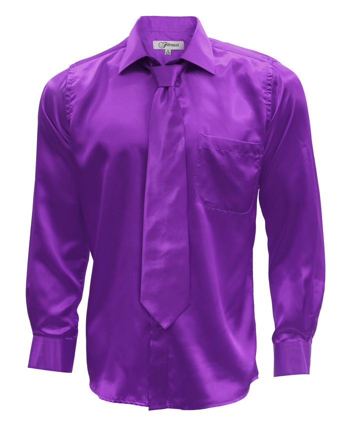 Purple Satin Regular Fit Dress Shirt, Tie & Hanky Set - FHYINC best men's suits, tuxedos, formal men's wear wholesale