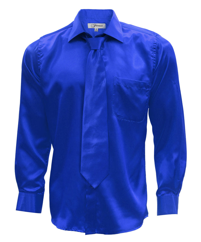Royal Blue Satin Regular Fit French Cuff Dress Shirt, Tie & Hanky Set - FHYINC best men's suits, tuxedos, formal men's wear wholesale