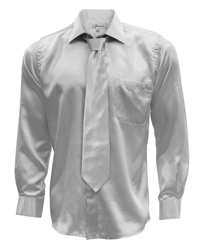 Silver Satin Regular Fit Dress Shirt, Tie & Hanky Set - FHYINC best men's suits, tuxedos, formal men's wear wholesale