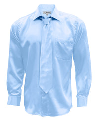 Sky Blue Satin Regular Fit Dress Shirt, Tie & Hanky Set - FHYINC best men's suits, tuxedos, formal men's wear wholesale