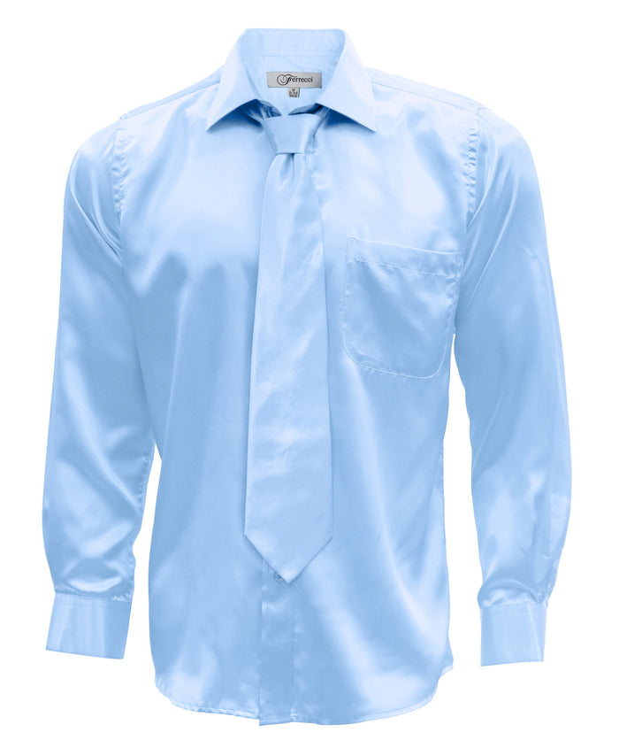 Sky Blue Satin Regular Fit French Cuff Dress Shirt, Tie & Hanky Set - FHYINC best men's suits, tuxedos, formal men's wear wholesale
