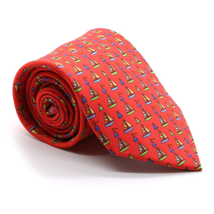 Sailboat Red Necktie with Handkerchief Set - FHYINC best men's suits, tuxedos, formal men's wear wholesale