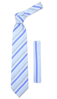 Microfiber Sky Blue Grey Striped Tie and Hankie Set - FHYINC best men's suits, tuxedos, formal men's wear wholesale