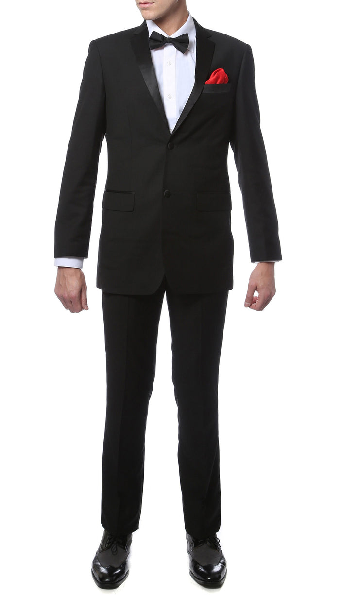 TX2000 2pc Black Slim Fit Notch Lapel Tuxedo - FHYINC best men's suits, tuxedos, formal men's wear wholesale