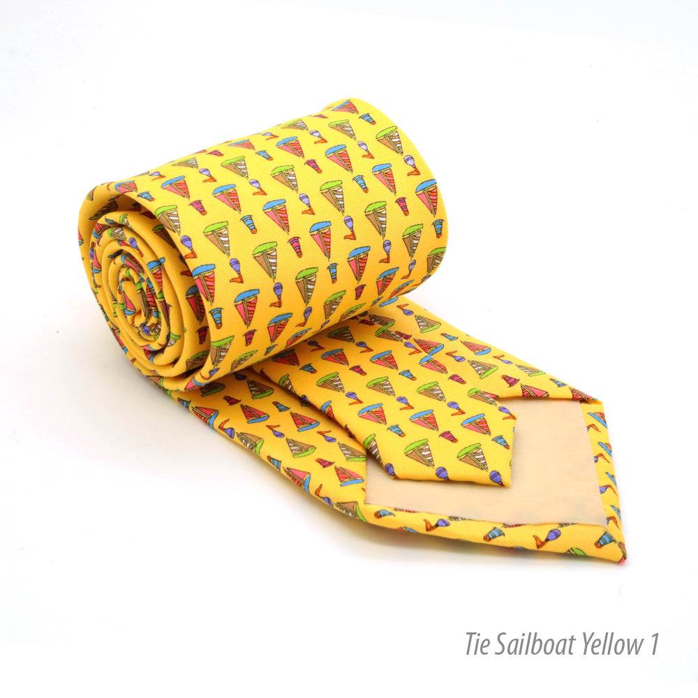 Sailboat Yellow Necktie with Handkerchief Set - FHYINC best men's suits, tuxedos, formal men's wear wholesale