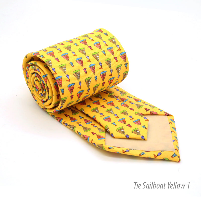 Sailboat Yellow Necktie with Handkerchief Set - FHYINC best men's suits, tuxedos, formal men's wear wholesale