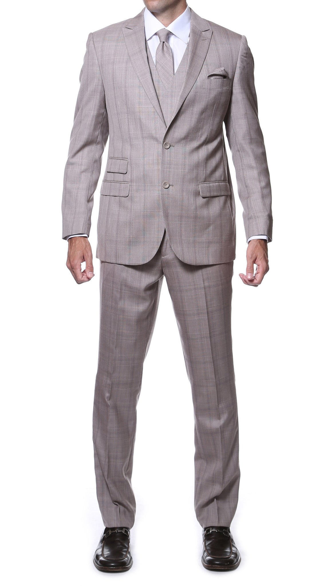 Zillo Sierra Tan 3pc Vested Slim Fit Plaid Suit - FHYINC best men's suits, tuxedos, formal men's wear wholesale