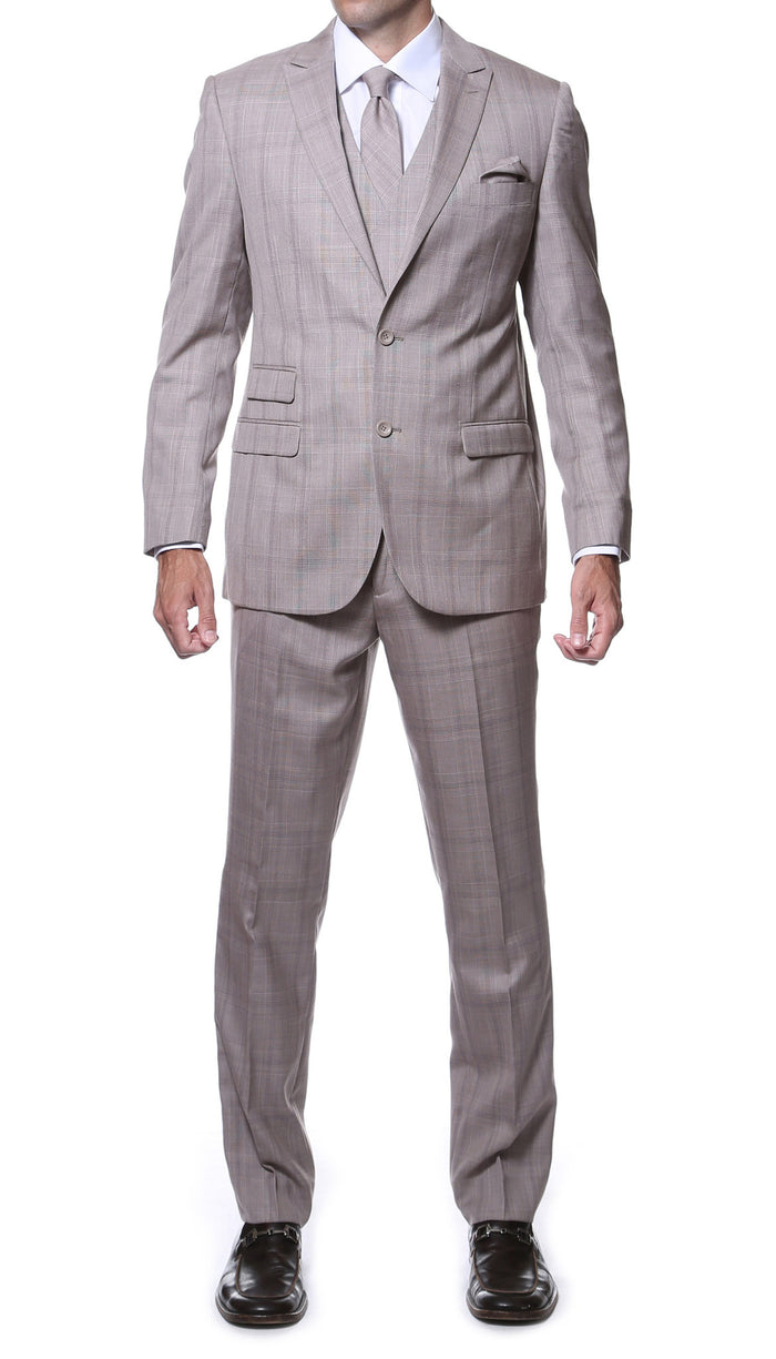 Zillo Sierra Tan 3pc Vested Slim Fit Plaid Suit - FHYINC best men's suits, tuxedos, formal men's wear wholesale